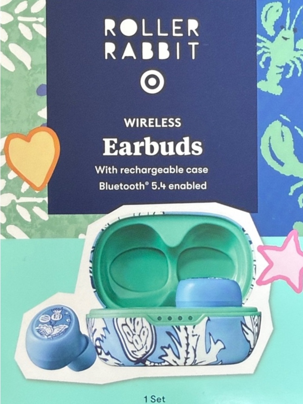 Roller Rabbit Floral Wireless Earbuds in Teal & Light Blue